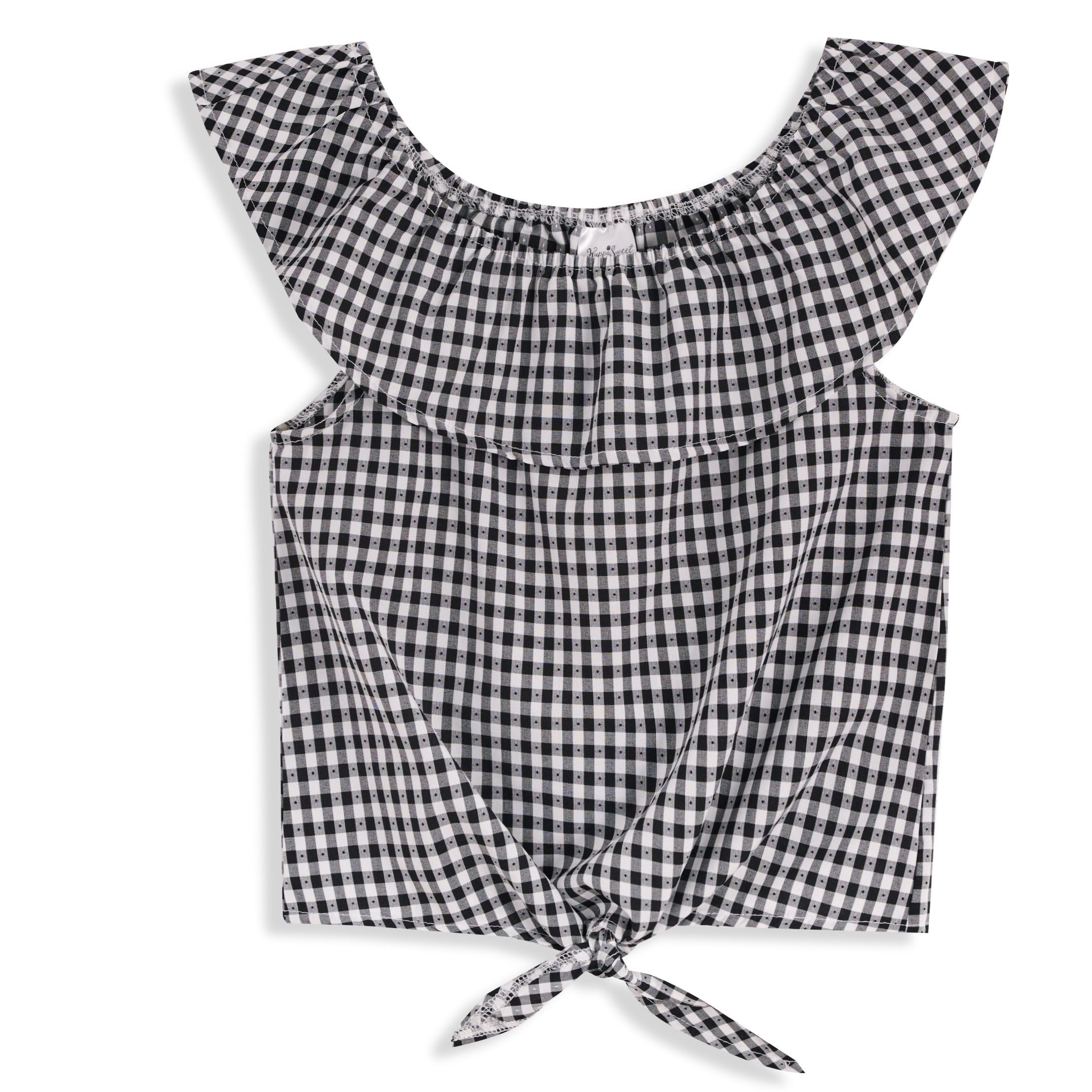 <img src="Black-White-Gingham-Ruffle-Yoke-Knot-Hem-Tank.jpg" alt="Black White Gingham Ruffle-Yoke Knot-Hem Tank" loading="lazy">