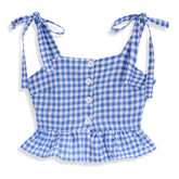 <img src="White-Blue-Gingham-Button-Front-Shoulder-Tie-Tank.jpg" alt="White Blue Gingham Button Front-Shoulder Tie Tank" loading="lazy">