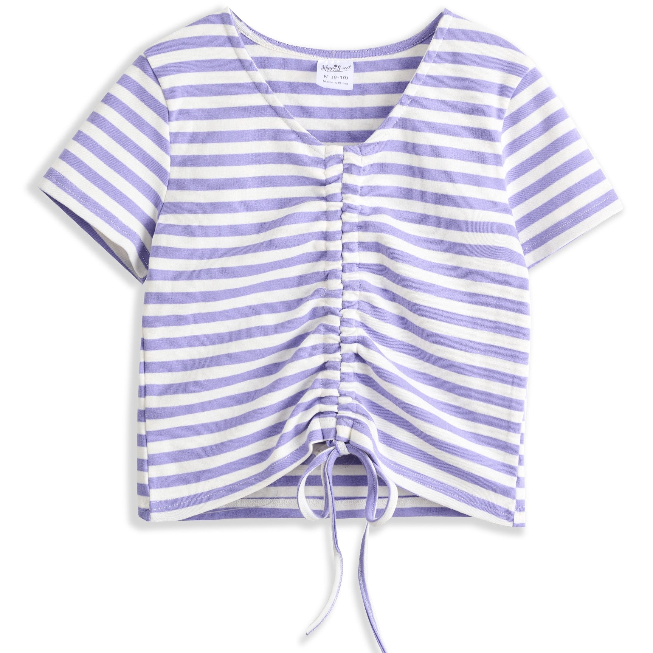 <img src="White-Purple-Stripe-Tie-Front-V-Neck-Tee.jpg" alt="White Purple Stripe Tie-Front V-Neck Tee" loading="lazy">