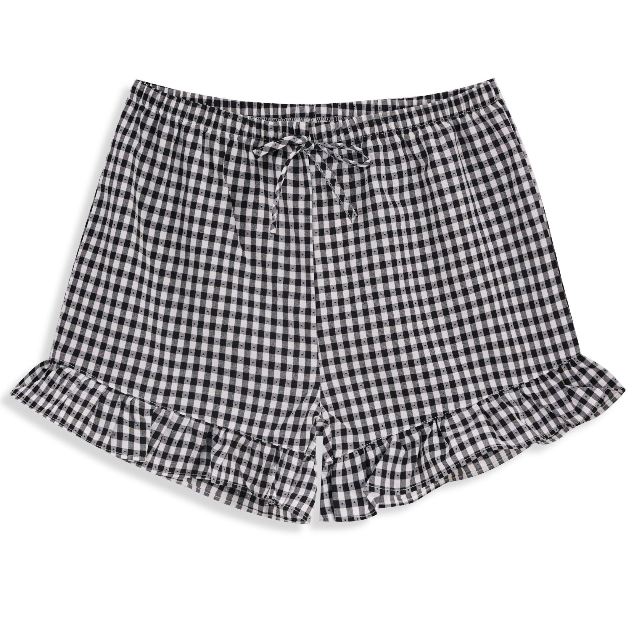 <img src="Black-White-Gingham-Ruffle-Hem-Shorts.jpg" alt="Black White Gingham Ruffle-Hem Shorts" loading="lazy">