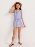 Girl's White & Purple Stripe Tie-Front Sleeveless Romper