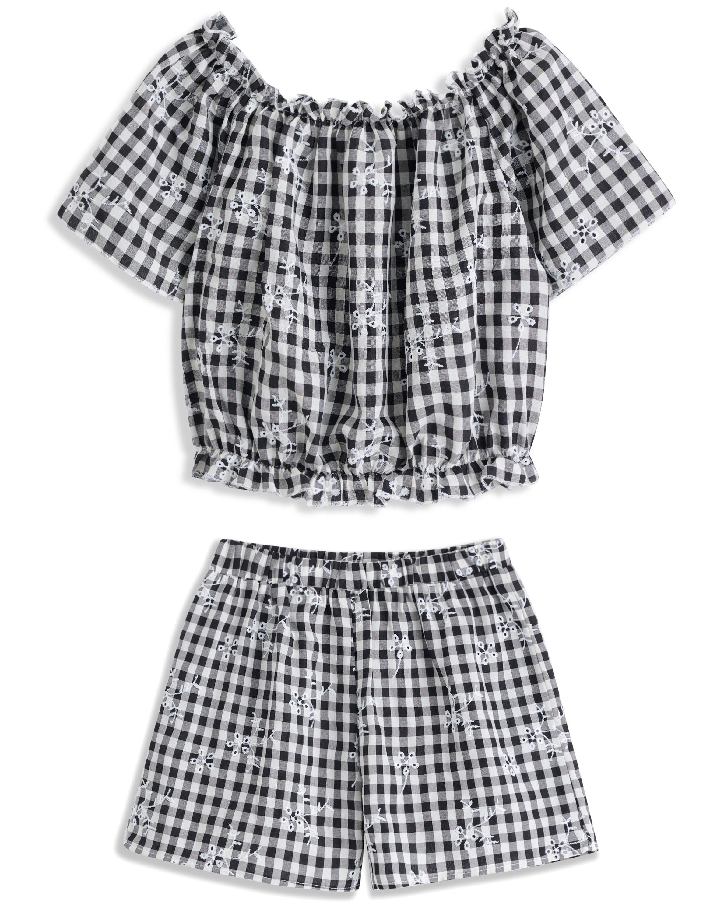 <img src="Black-White-Gingham-Floral-Embroidered-Gathered-Crop-Top-Shorts.jpg" alt="Black White Gingham Floral Embroidered Gathered Crop Top Shorts" loading="lazy">