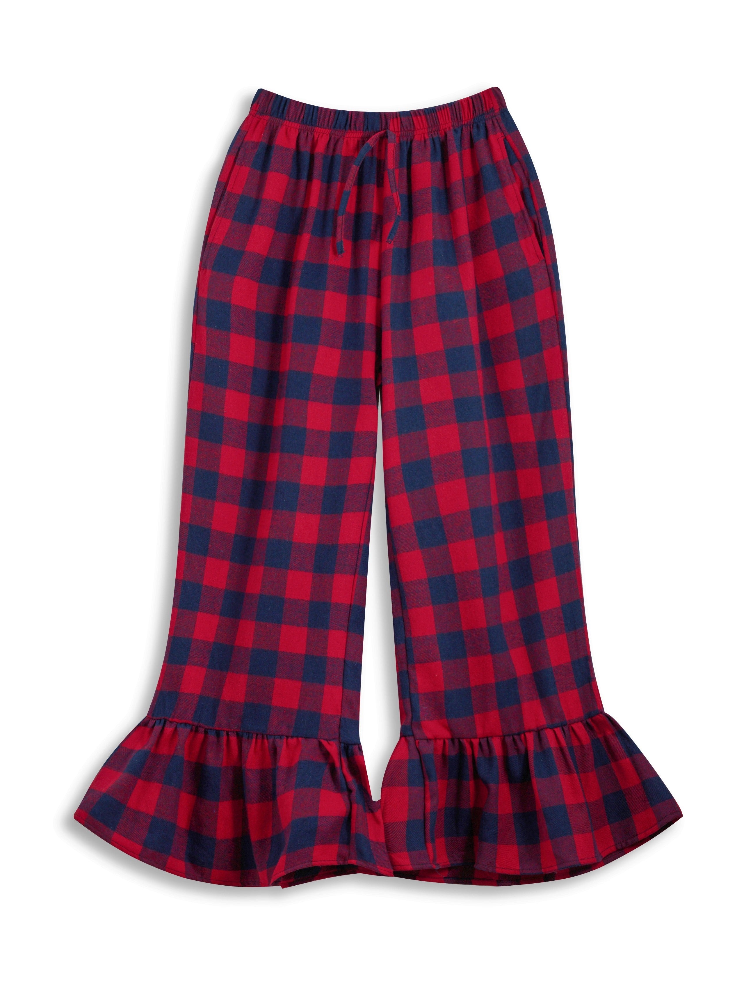 <img src="Navy-Red-Check-Ruffle-Hem-Flare-Pants-.jpg" alt="Navy Red Check Ruffle-Hem Flare Pants-" loading="lazy">