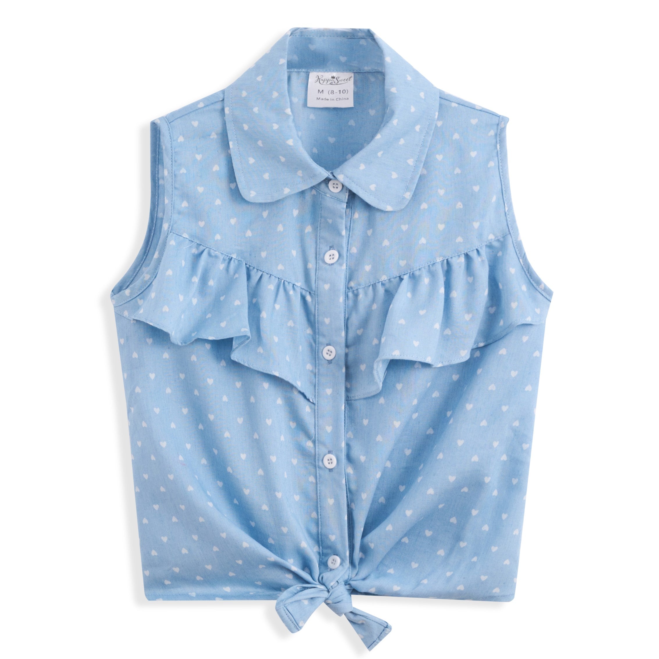 <img src="Blue-White-Heart-Tie-Hem-Sleeveless-Button-Up.jpg" alt="Blue White Heart Tie Hem Sleeveless Button-Up" loading="lazy">