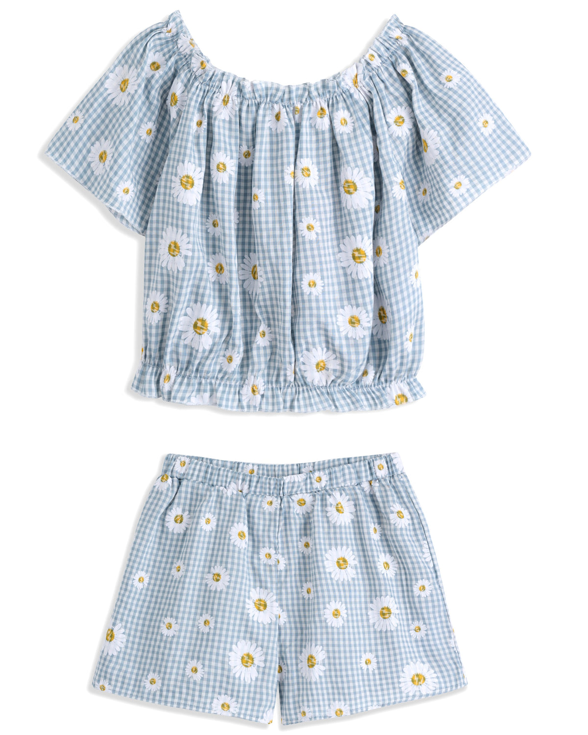 <img src="Blue-White-Gingham-Daisy-Gathered-Crop-Top-Shorts.jpg" alt="Blue White Gingham Daisy Gathered Crop Top Shorts" loading="lazy">